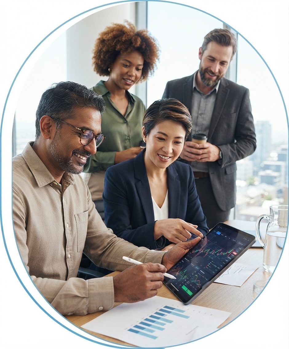 Four colleagues reviewing performance data on a tablet